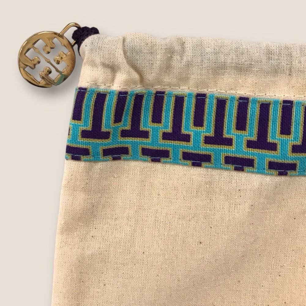 Tory Burch NWOT Beige Shoe Bag Canvas Blue Trim & Gold Logo